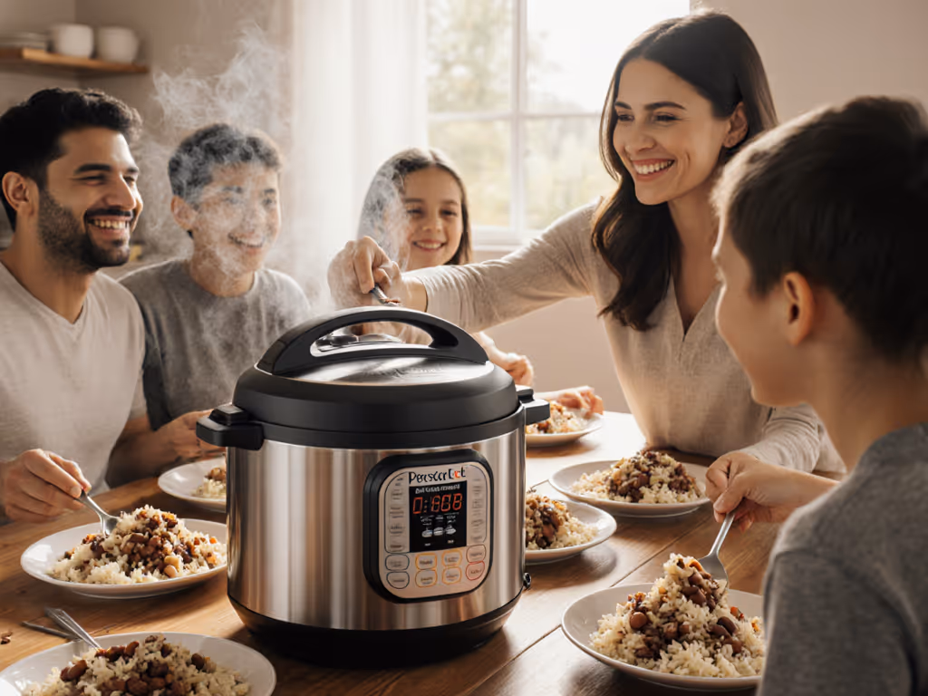 woman_serving_rice_and_beans_from_instant_pot_to_smiling_family_at_table