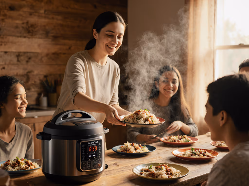 Woman serving rice and beans from Instant Pot to smiling family at table